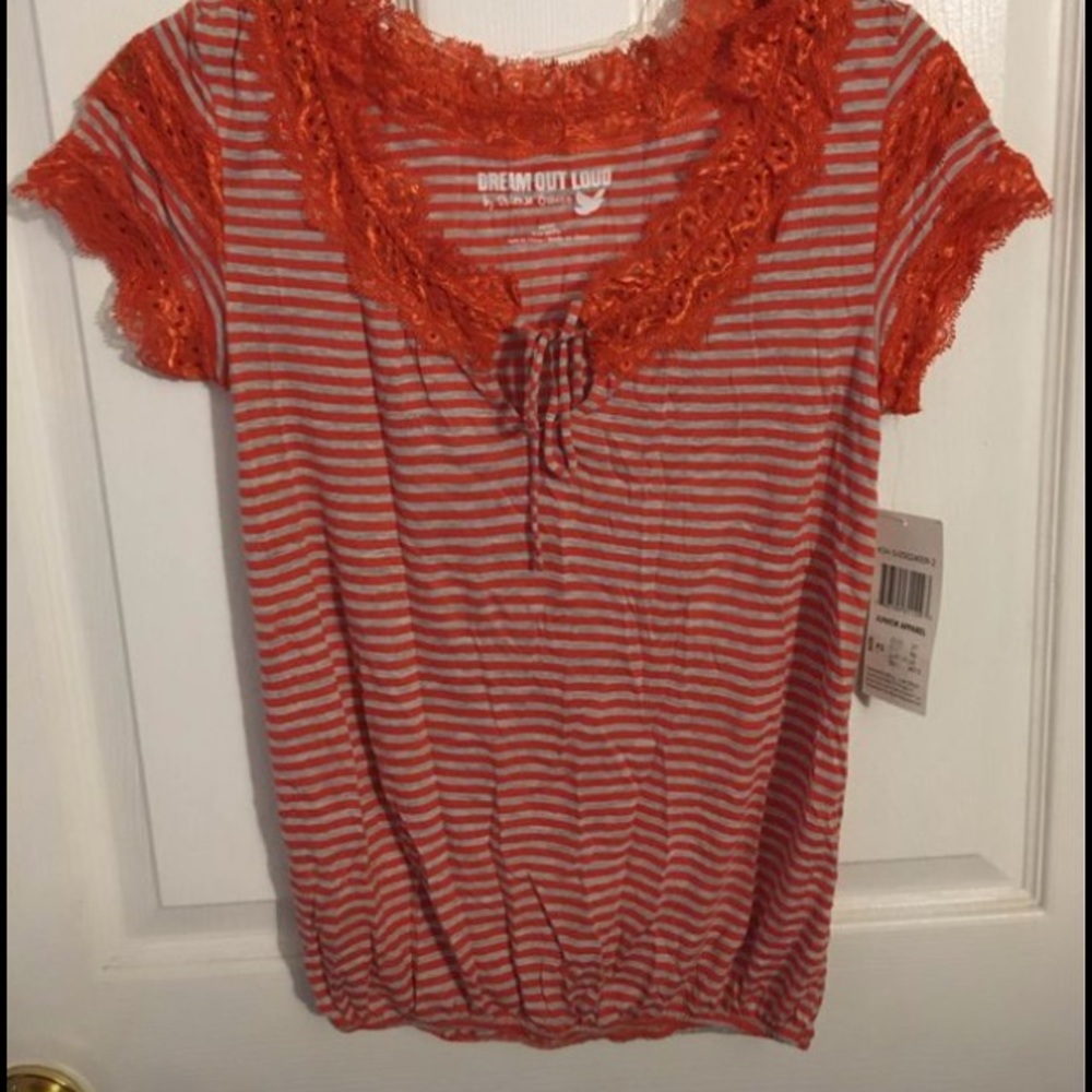 Juniors XS- Dream Out Loud Orange Lace trim Gray stripe keyhole Shirt top